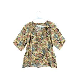 Royalty For Me Womens Boho Leaf Print Blouse Elastic Tie Neck Multi Color Medium